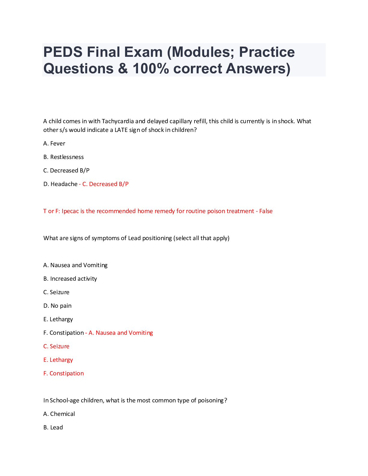 Preview image for PEDS Final Exam (Modules; Practice Questions & 100% correct Answers)